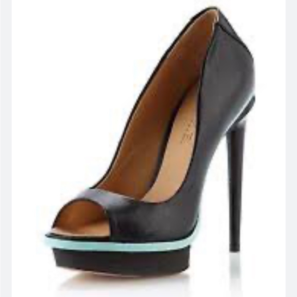L.A.M.B by Gwen Stefani black leather platform peep toe heels 7.5